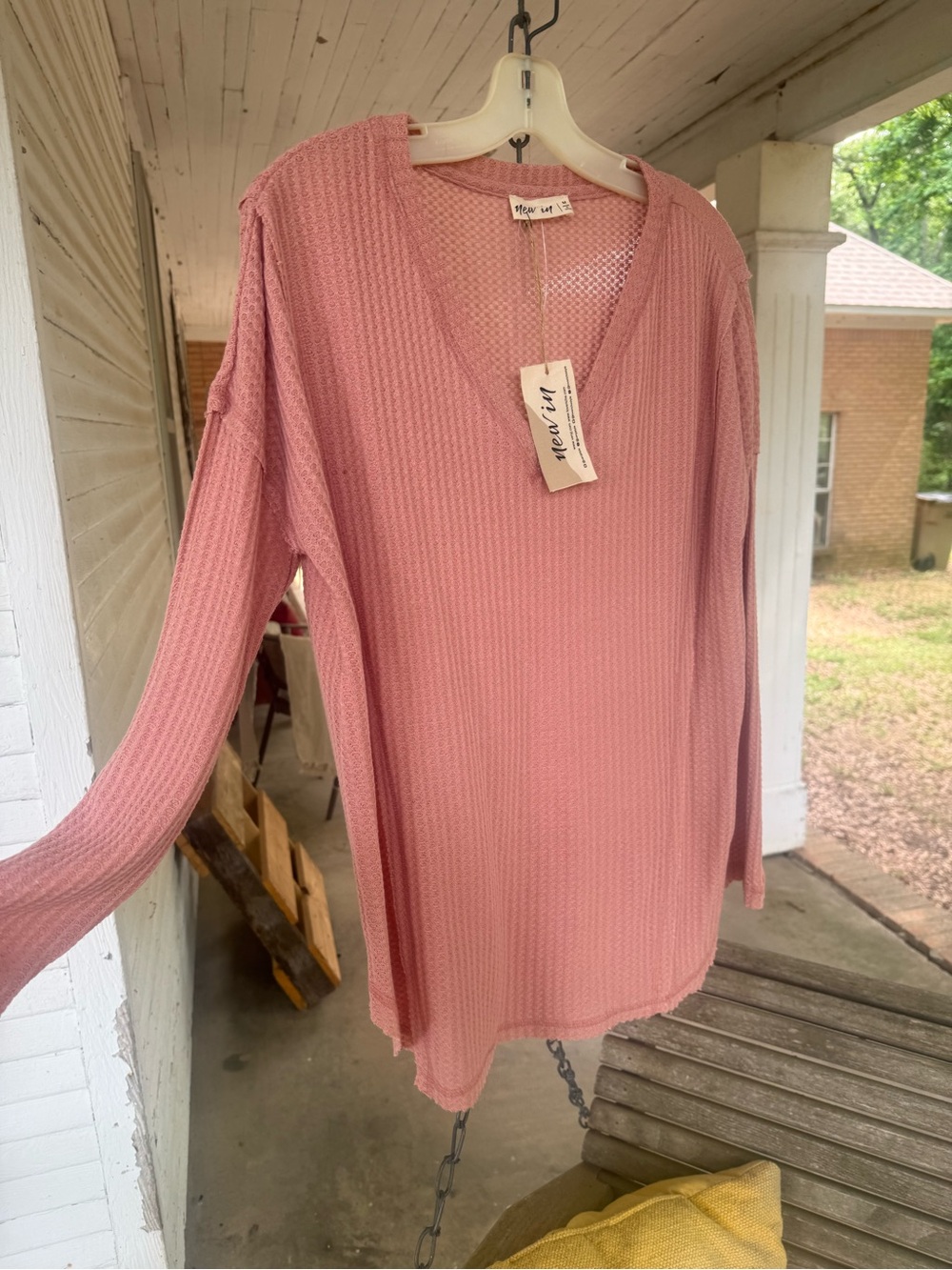 MAYLEE Pink Waffle Knit Long Sleeve V-Neck Top